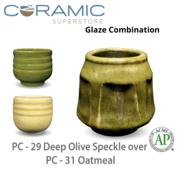 Deep Olive Speckle PC-29 over Oatmeal PC-31 Pottery Cone 5 Glaze Combination Deep Olive Speckle PC-29 over Oatmeal PC-31 Pottery Cone 5 Glaze Combination